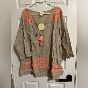 Hayden NWT Fringe Tan/Coral Tunic Boho Size 1XL 100% Cotton